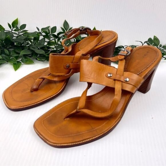 Antonio Melani tan leather block heel sandals buckle 7.5 - Picture 2 of 13